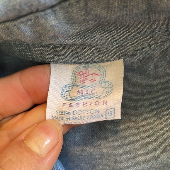 Vtg 80s M.I.C. Fashion blue denim cotton chambray short sleeve oversized shirt - Picture 7 of 8